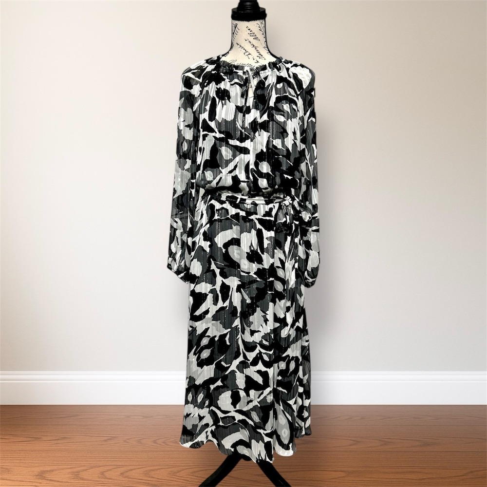 WHBM Black White Chiffon Midi Dress Belted Sheer‎ Sleeve Spring Wedding Guest - Picture 2 of 9